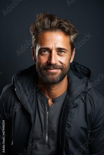 Man with beard and black jacket smiling.