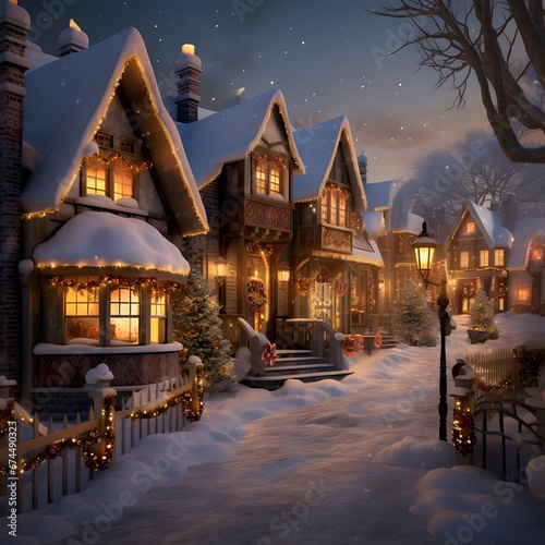 Christmas night in the village. Beautiful winter landscape of the village.
