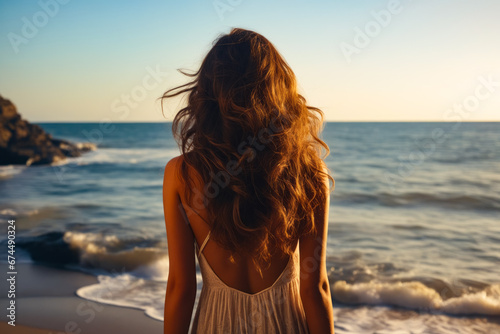 Woman standing on beach with her back to the camera. © valentyn640
