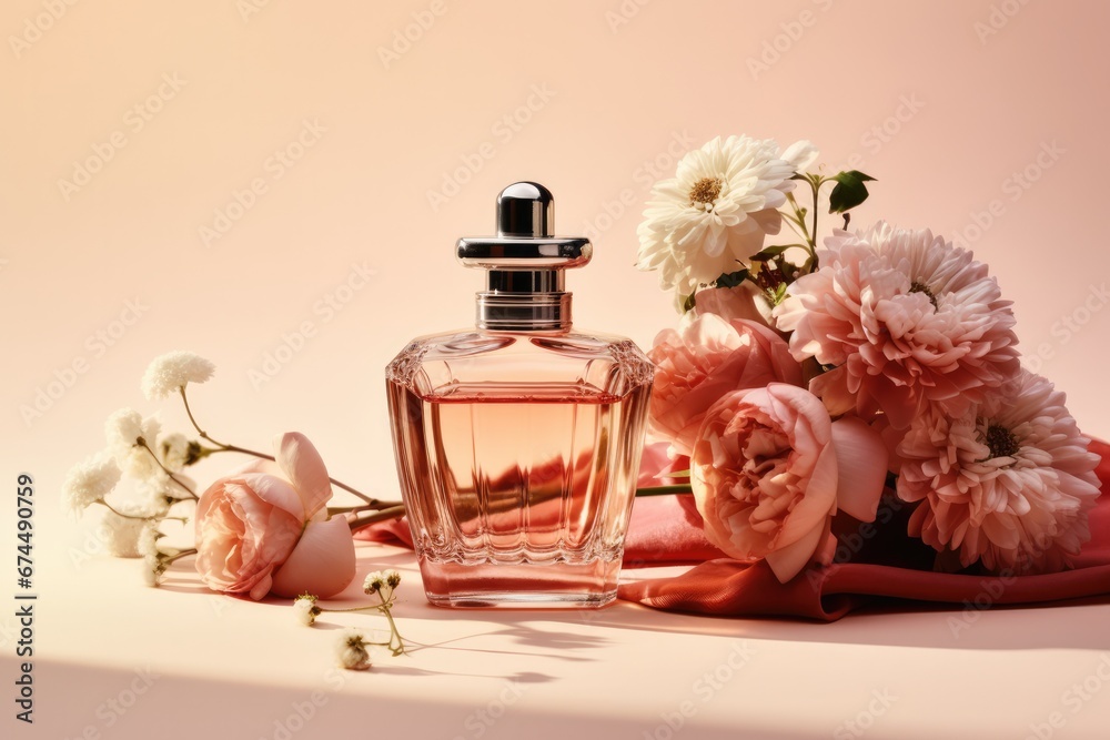 Stylish Perfume Composition With Bottles And Flowers - obrazy, fototapety, plakaty 