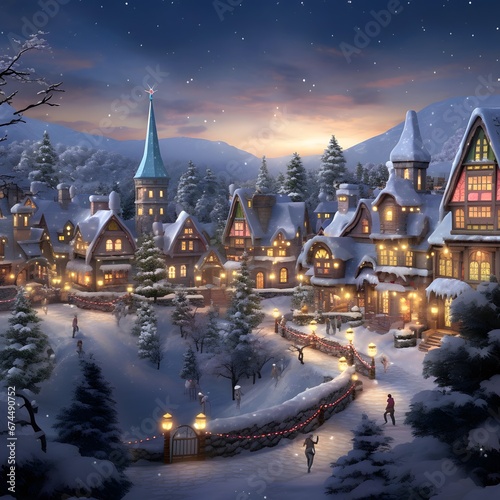 Winter night in the village. Christmas and New Year concept. Illustration