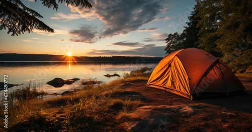 Tourist tent on the shore of the lake against the background of beautiful nature and setting sun