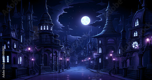 a cartoon of a city with old buildings and full moon