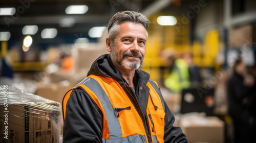 Portrait of a working man in an orange vest against the background of a warehouse with boxes