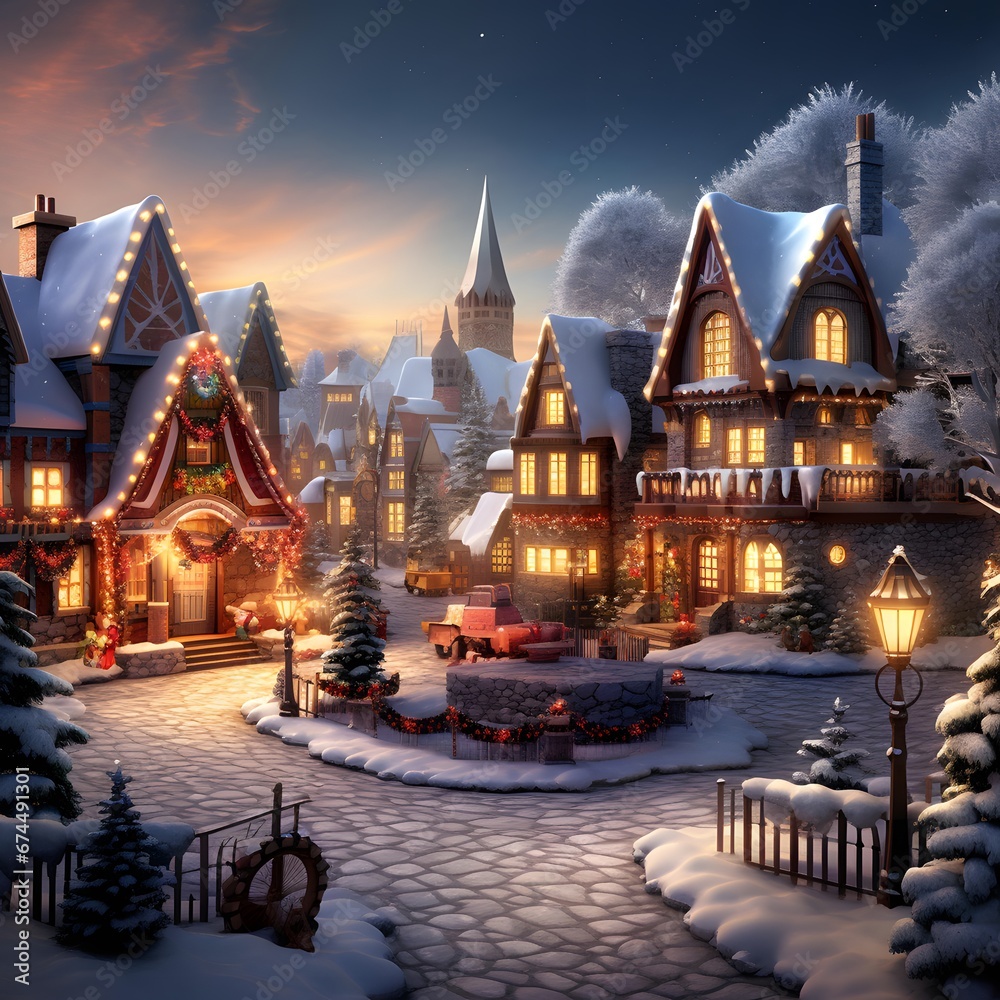 Christmas village at night in the snow. Christmas and New Year concept.