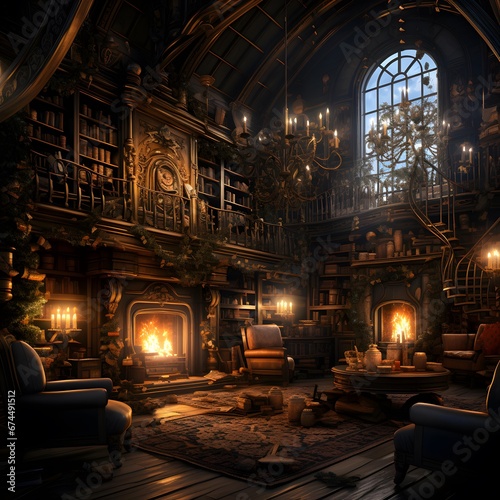 Interior of a medieval castle with fireplace and armchairs  3d illustration
