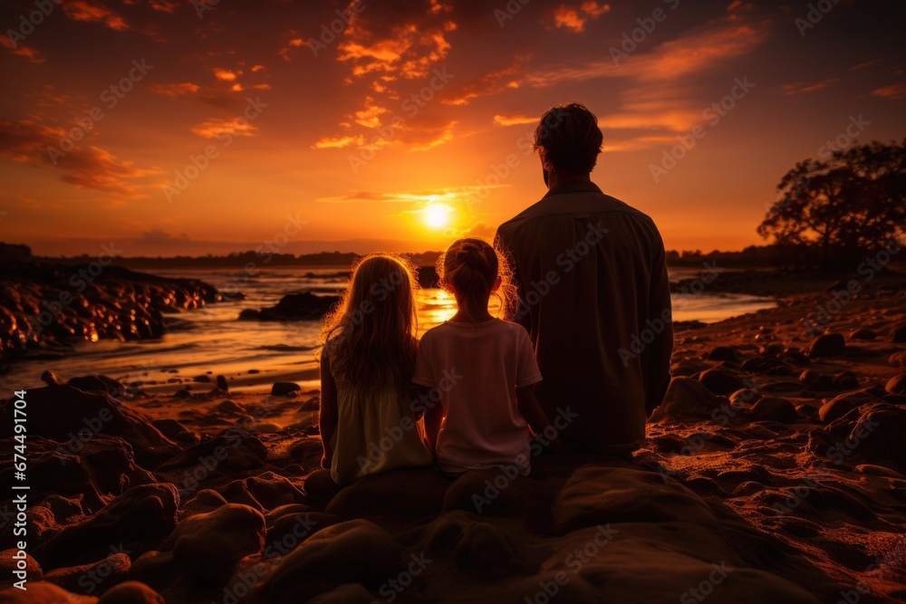 All in all a happy family sitting on the beach and admiring the sunset All in all a happy family sitting on the beach and admiring the sunset