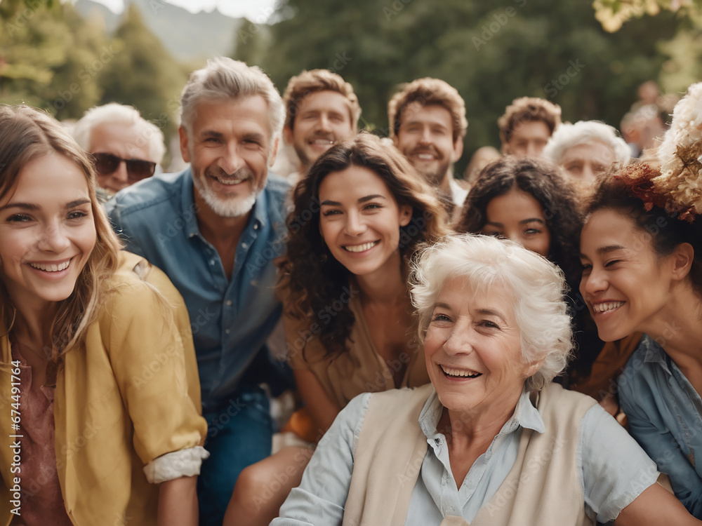 Fototapeta premium Photo of a group of people of various ages gathered, smiling and laughing together