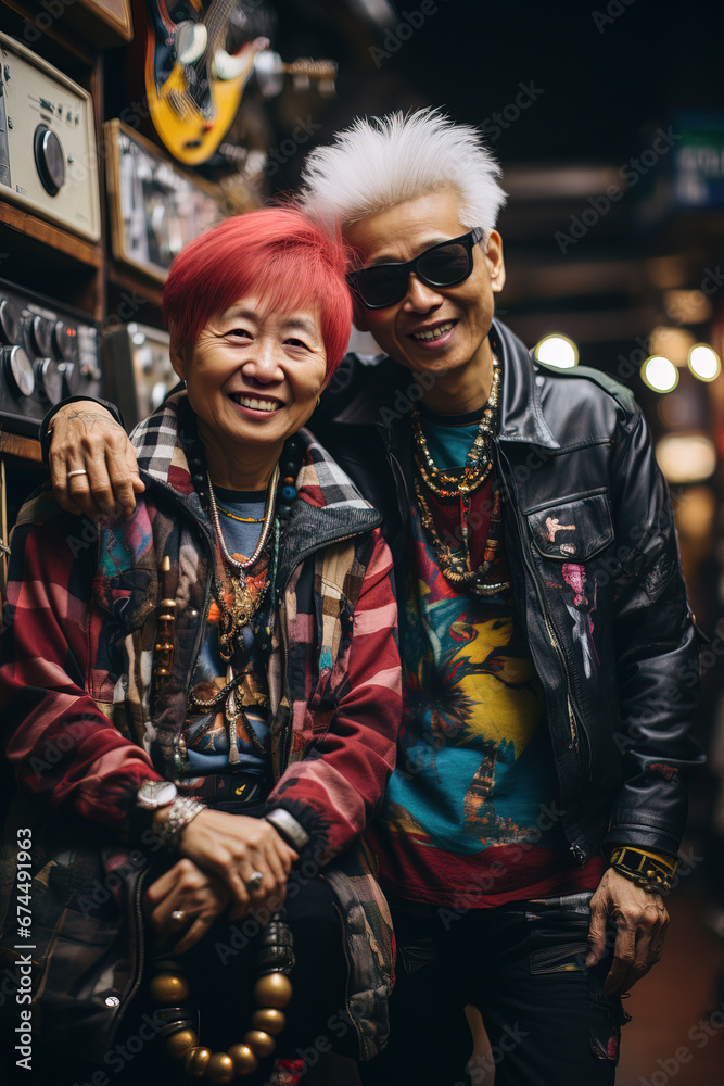 Asian senior couple in punk style