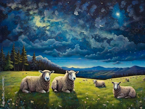 牧草地の羊と星夜