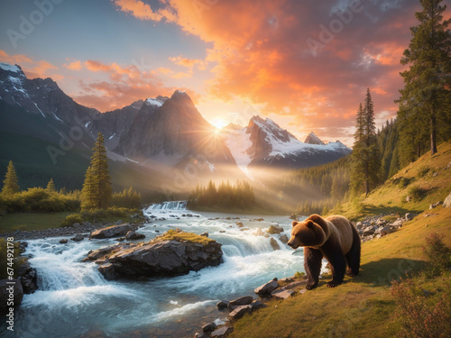 a bear looking for fish in a river with a mountain in the background photo
