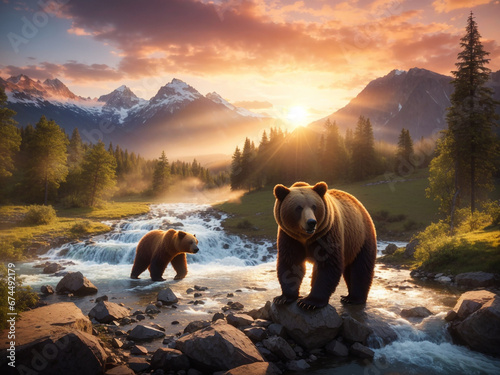 two bears looking for fish in the river with the sun rising behind the mountain photo