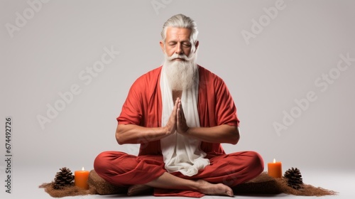 Santa Claus sits and meditates on white background  studio shot