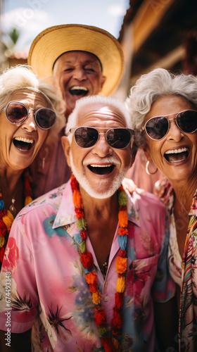 group of senior friends in bold tropical colouful theme