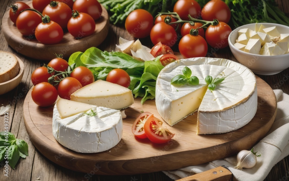 Camembert and brie cheese on wooden with tomatoes, letuce and garlic. italian food. dairy products. Camembert and brie cheese on wooden with tomatoes, letuce and garlic. italian food. dairy products.