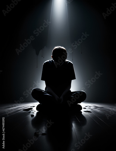 silhouette of sad mental illness boy