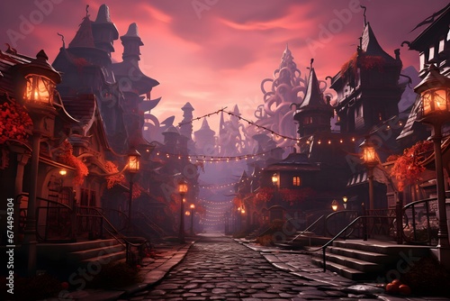 Fantasy illustration of a medieval town at night. 3D rendering