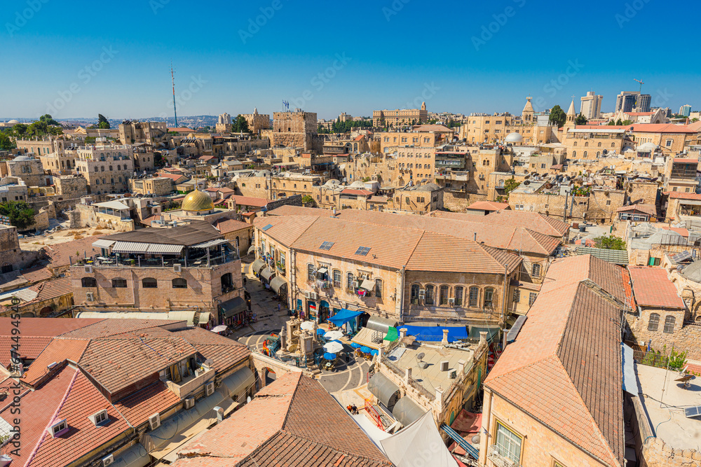 High-angle view of the Muristan area in the Christian Quarter of the Jerusalem Old City