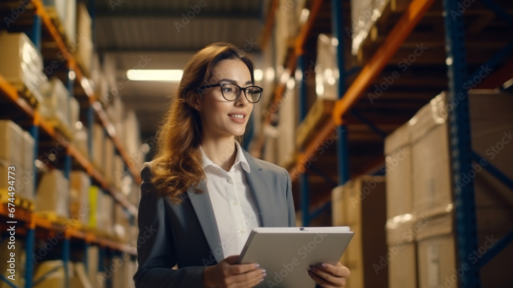Businesswoman or supervisor uses a digital tablet to check the stock inventory in large warehouses Businesswoman or supervisor uses a digital tablet to check the stock inventory in large warehouses