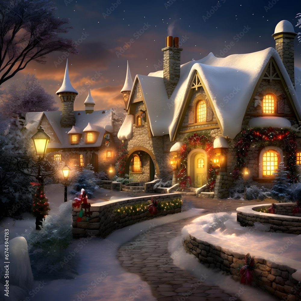 Winter scene with christmas village in snow. 3d illustration.