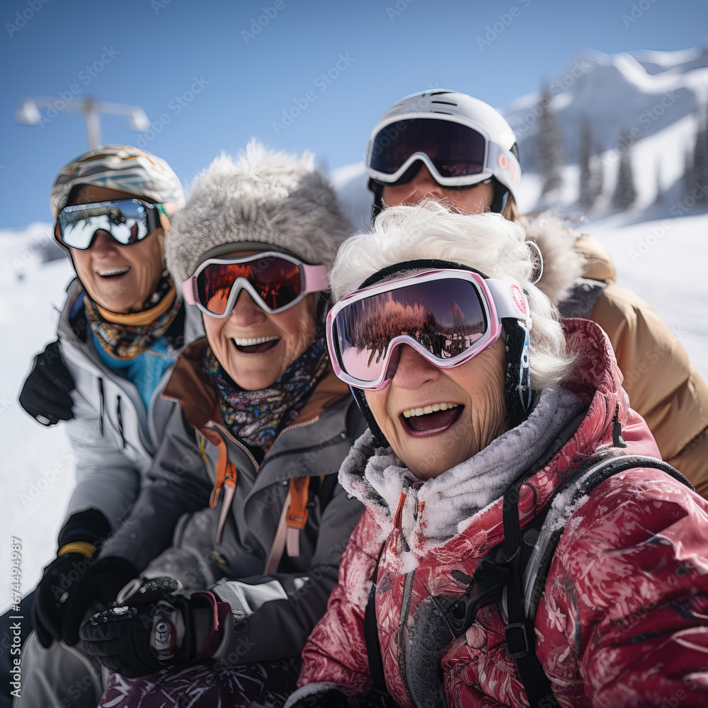 Selfie of elderly frieds during ski in mountains