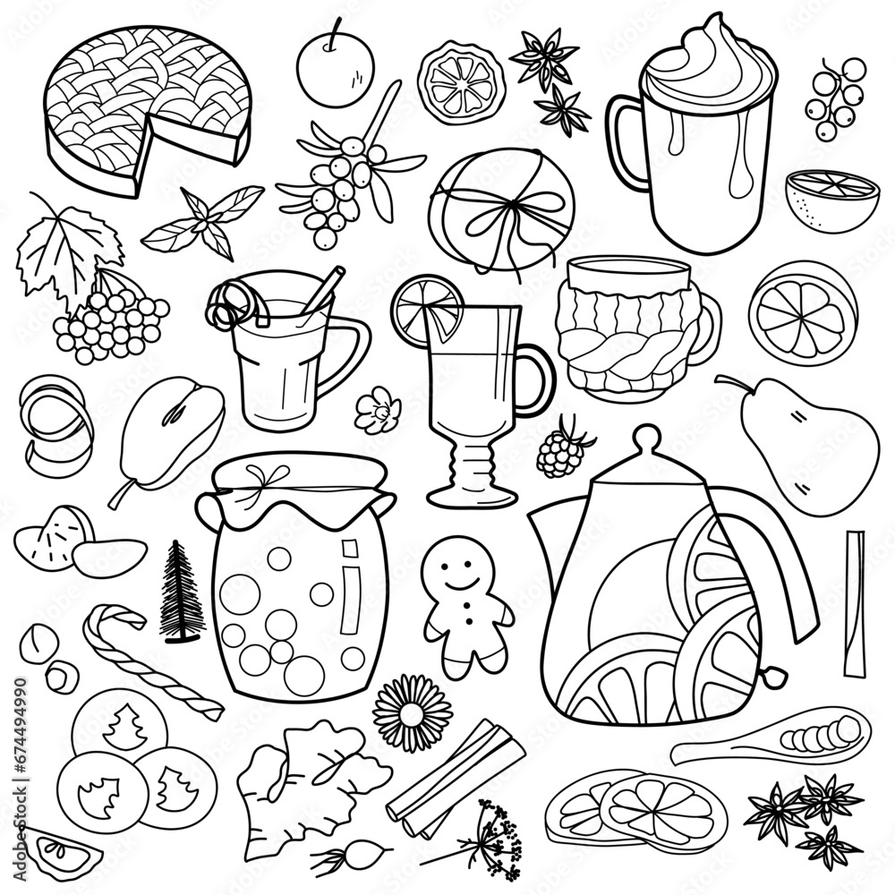 set contour drawings for winter warmth, sweets, warm drinks