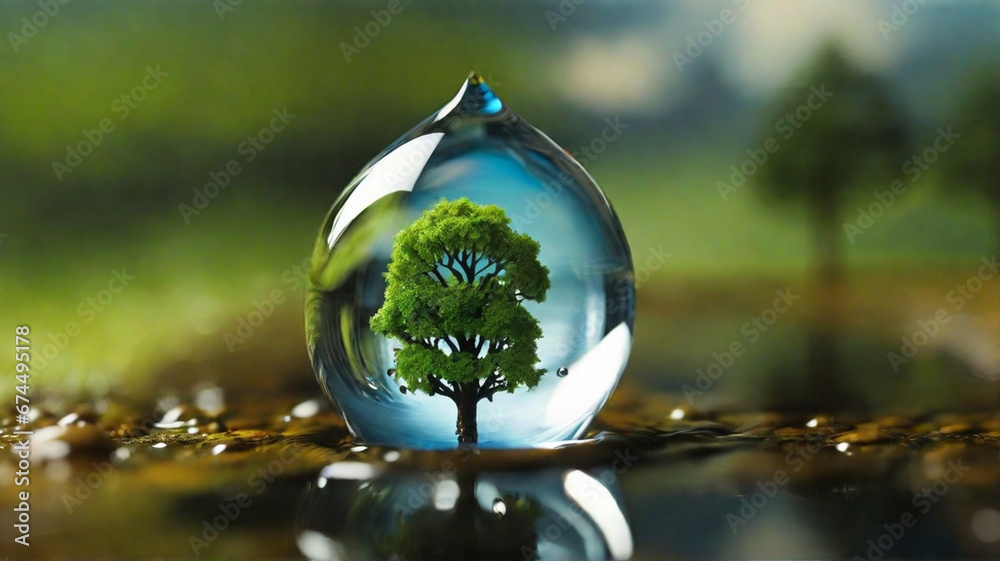 Capture reflections of the surrounding environment in water droplets including trees, sky, or other nearby objects, revealing a miniature world within each droplet.