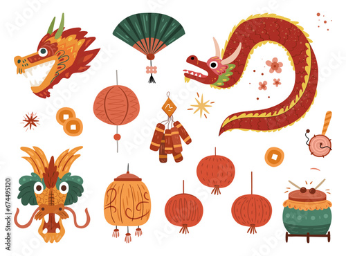 Chinese New Year icons set. Vector illustration of fan and lantern lamp, drum and drumsticks, prosperity coins and dragon beast face mask. Flat cartoon oriental lamp and coins, firecrackers