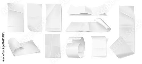 Creasy empty paper sheet, crumpled long bill, rolled blank page mockup or copy space. Vector isolated deformed notebook or textbook piece, wrinkled and curved, folded texture effect