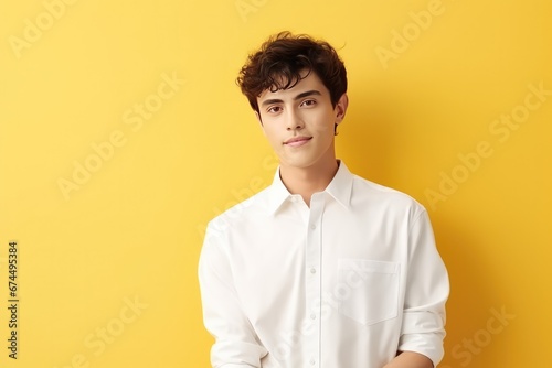Young Man Wearing White Shirt Mockup On Yellow Background