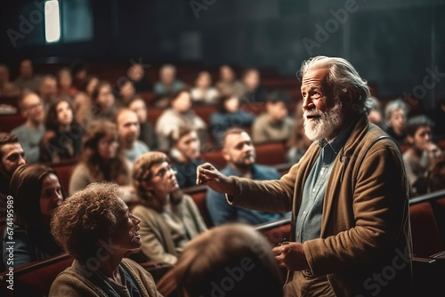 Lecture in a university auditorium to a group of students by a gray-haired professor teacher. AI generated.