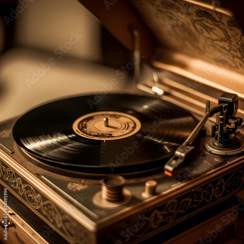 Old gramophone with a vinyl record. Close-up. Retro style.