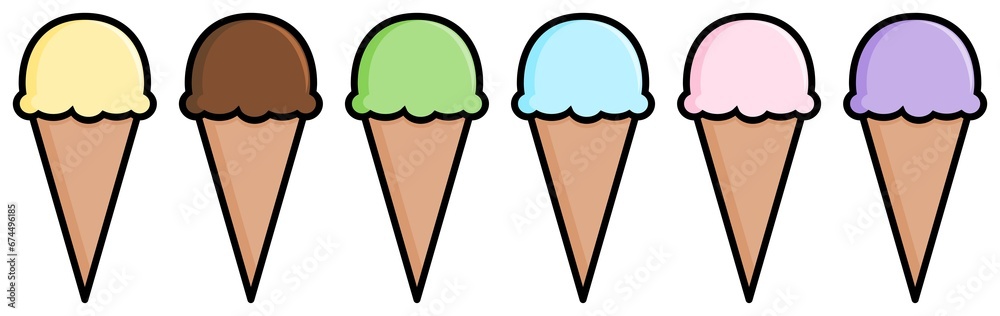 Cartoon ice-cream cone icon. Collection of ice cream in the cone waffle, different flavor. Ice illustration.