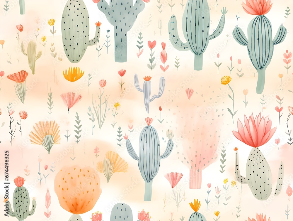 Cactus in watercolor Seamless Pattern