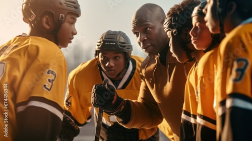 A hockey mentor imparts wisdom to young players, demonstrating the fundamentals of serving with precision and skill. photo