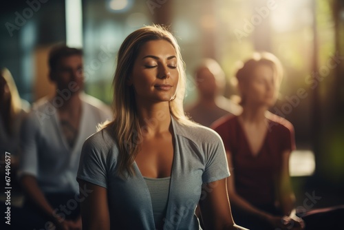 Mindfulness at Work - Employees participating in a meditation session in a corporate wellness program - AI Generated photo