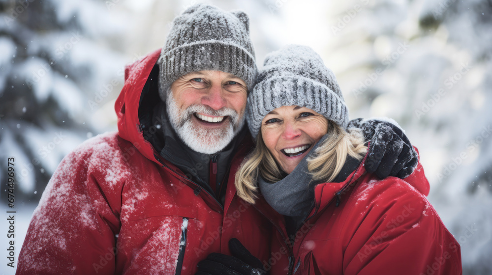 Waist up portrait of happy senior couple enjoying walk in winter forest and holding hands