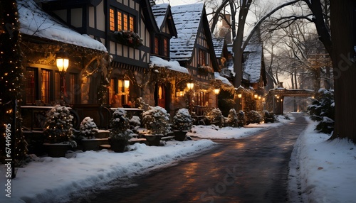 Snowy street in the old town of Alsace, France