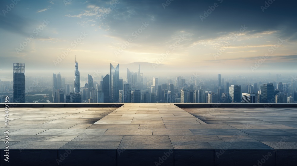 Empty square floor and city skyline with modern buildings