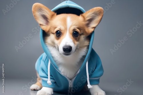 Cute puppy welsh corgi dog in a hoodie special clothing for animals