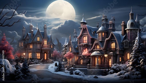 Fantasy winter landscape with a beautiful old house and a full moon
