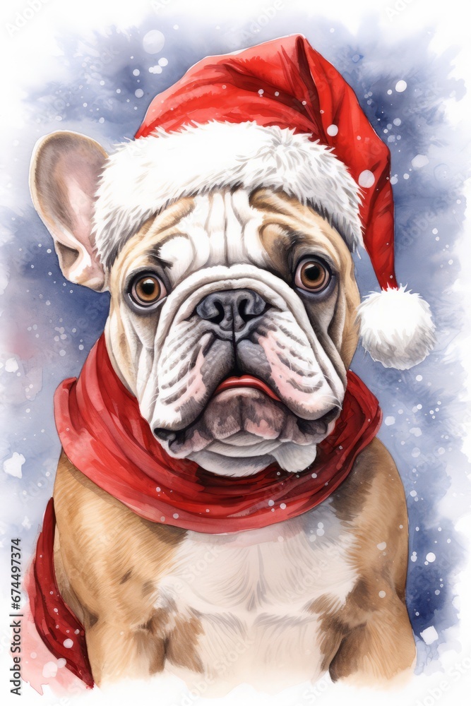Bulldog dog in christmas santa claus hat watercolor art. Christmas Bulldog illustration. Verical format for banners, posters, advertising, gift cards. AI generated.