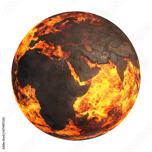 Incinerated Burned Planet Earth - Africa, Europe, Asia Continents - Detailed 3D Rendering - Isolated on White Background photo