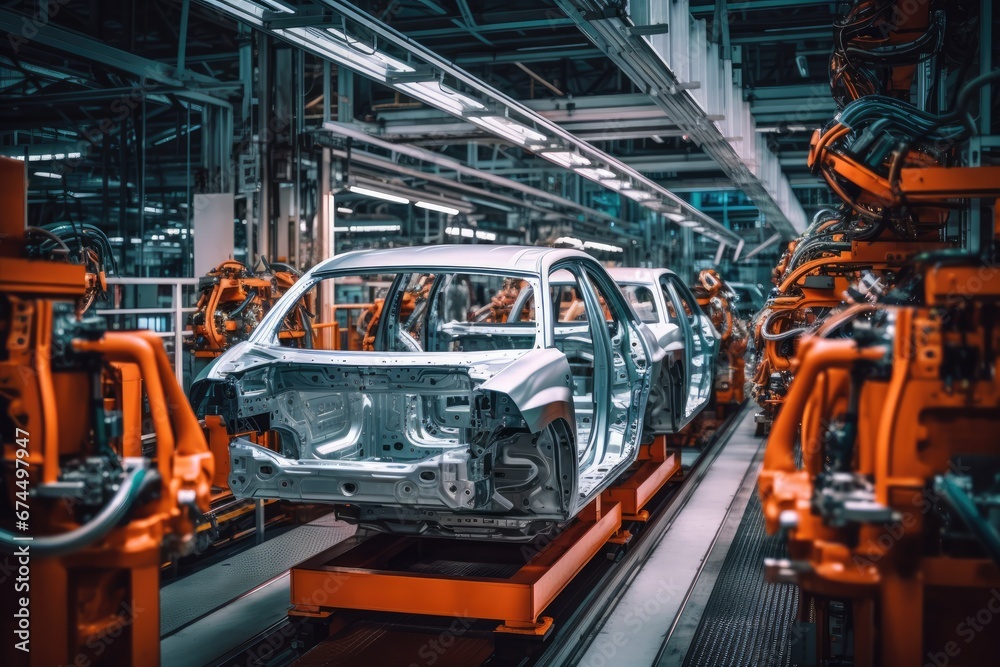 Busy Factory Producing Cars Through Mass Production Assembly Line