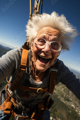 senior woman bungee jumping selfie