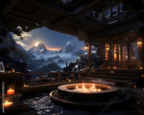 3D CG rendering of Snow mountain with chalet and candles © Iman