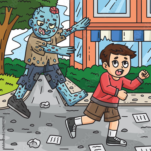Zombie Chasing Child Colored Cartoon Illustration