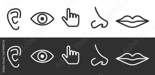 Five human sense icons set line outline art stroke graphic vector, eye ear nose lips mouth hear see listen smell feel sensory thin linear pictogram glyphs black white minimal symbols image clipart