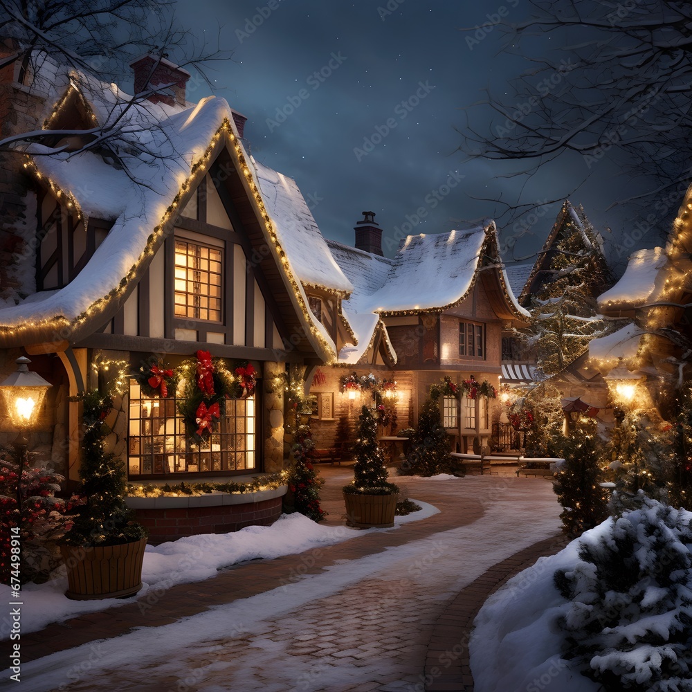 Beautiful houses in the city at night. Christmas and New Year holidays.