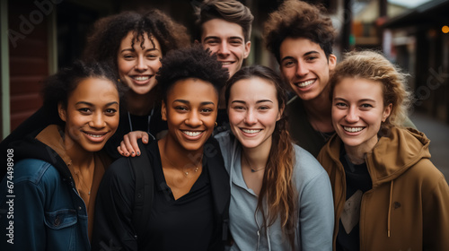 Young friends from different races and ethnicities who promote racial diversity and reject any form of discrimination. Portraits together. 